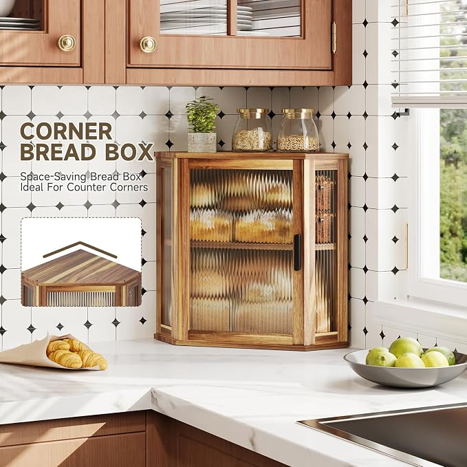 Corner Bread Box,Vintage Acacia Wood Bread box for Kitchen Countertop | Double Layer Large Capacity Wooden Bread Storage Bin, Adjustable Height