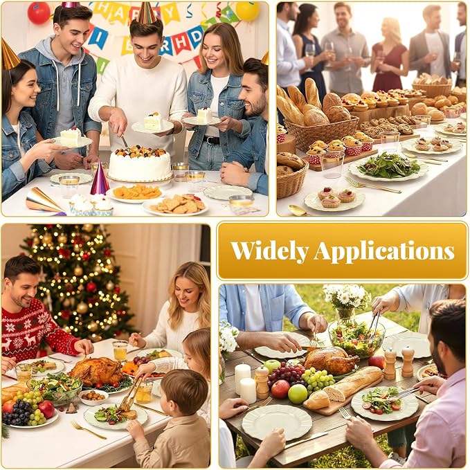 Glowserve 175 Piece Disposable Plastic Plates Dinnerware Set for 25 Guests | 50 Plastic Plates,25 Silverware Set,25 Cups and Napkins,Wedding Birthday,Family Party,Fancy Plastic Plates
