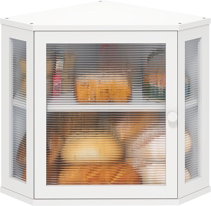 viewcare White Bread Box for Kitchen Counter, Bamboo Wood Large Capacity Bread Storage Bin with Acrylic Wavy Door Panel (White, Meduim)