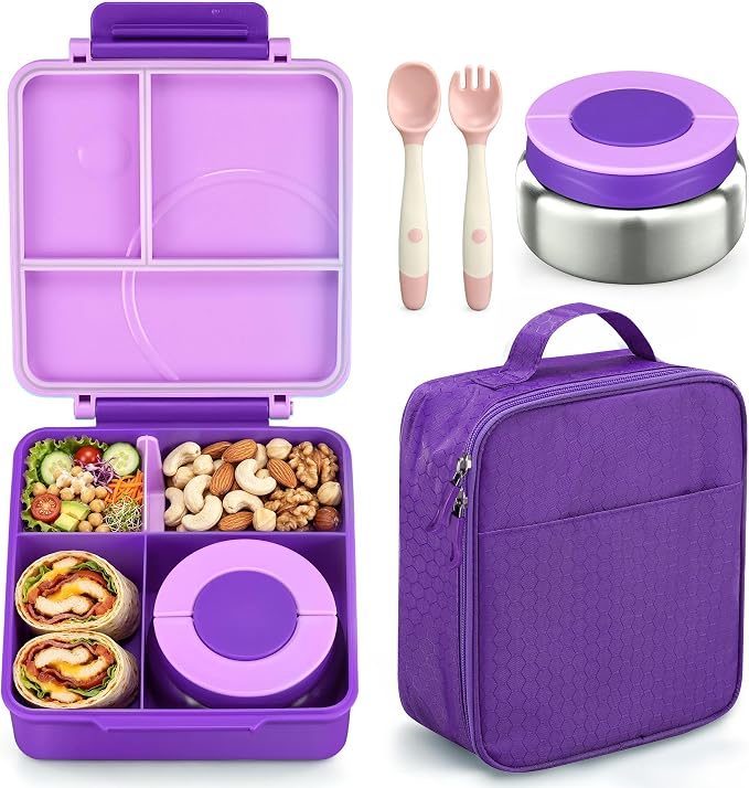 Bento Lunch Box Set for Kids with 8oz Soup Thermo, Leak-Proof Lunch Containers with 4 Compartment, Kids Thermo Hot Food Jar and Insulated Lunch Bag for Kid to School-Purple
