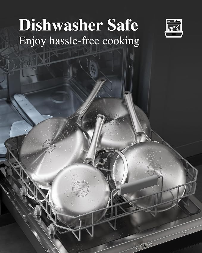 Stainless Steel Pans, Stainless Steel Cookware Set, 8/10/12 Inch with Lid, PFOA & PTFE Free Skillets, Non Toxic Chef's Pan Set, Frying Pans for Cooking, Oven & Dishwasher Safe, Induction Compatible