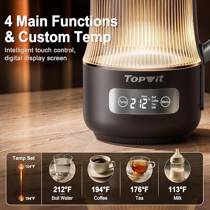 TOPWIT 1.6L Smart Glass Electric Kettle with Temperature Control ±9℉ | Removable Stainless Steel Tea Infuser, Digital Touchscreen, 12 Hours Keep Warm, Auto Shut-Off, Ideal For Family Use, Grey