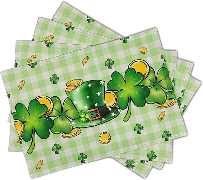 St. Patrick's Day Clover Top Hat Placemat Set of 4,Lucky Shamrock Gold Coin Dining Place Mat Table Decor 12x18 Inch Buffalo Plaid Seasonal Spring Table Mats for Home Party Kitchen Decoration