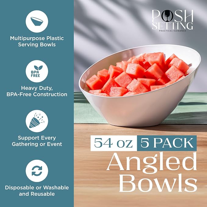 5 Pack White Angled Plastic Serving Bowl Disposable for Party Table 54oz | Angled Bowl Design. Chip, Candy, Salad & Fruit Use. Disposable Party Tableware. Buffet & Wedding Serving. White Plastic.