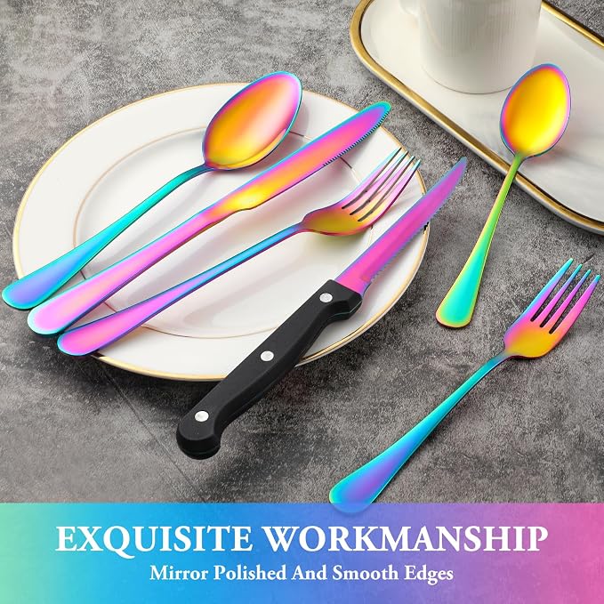 36 Pcs Rainbow Silverware Set with Steak Knives, Stainless Steel Flatware Cutlery Set for 6, Kitchen Tableware Sets, Utensil Sets for Home and Restaurant, Dishwasher Safe