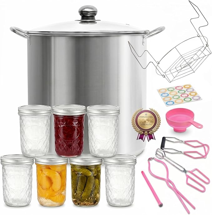 Canning Pot Water Bath Canner with Rack and Lid, 21.5QT Stainless Steel Stock Pot, Canning Supplies Starter Kit with Mason Jars, Tongs, Full Canning Accessories & Canning Tools Set for Beginners