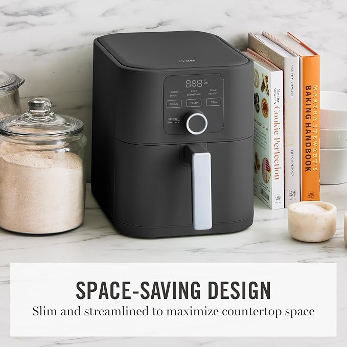 Martha Stewart 6-Quart Air Fryer, 6 Presets, Space Saving, Caviar Gray | 3lb Capacity, PFAS-Free Ceramic Nonstick Basket & Tray, Bake, Roast, Broil, Dehydrate, Reheat, Shake Reminder, Heat up to 400