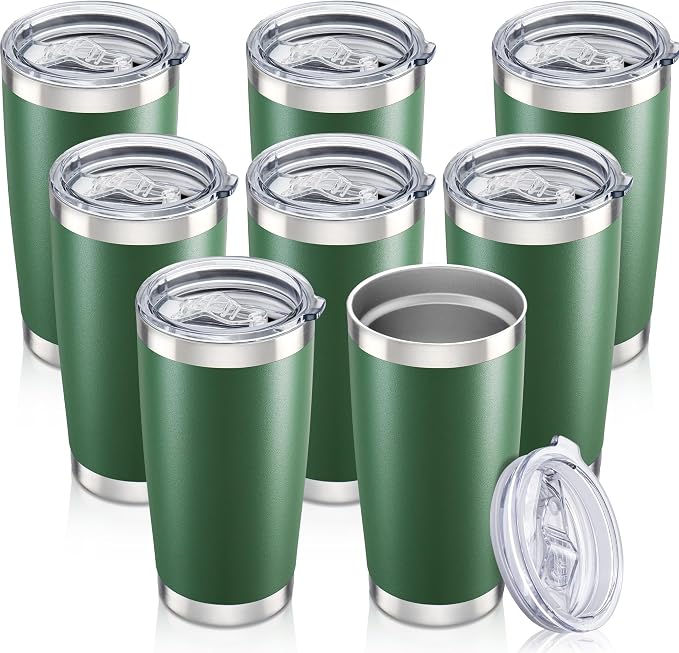20 oz Tumbler with Lid Stainless Steel Insulated Tumblers Bulk Cups Mug | Double Wall Vacuum, Powder Coated, Keep Drinks Cold and Hot, Waterproof Lid, Fit of Car Cup Holders, Drak Green, 8 Pack