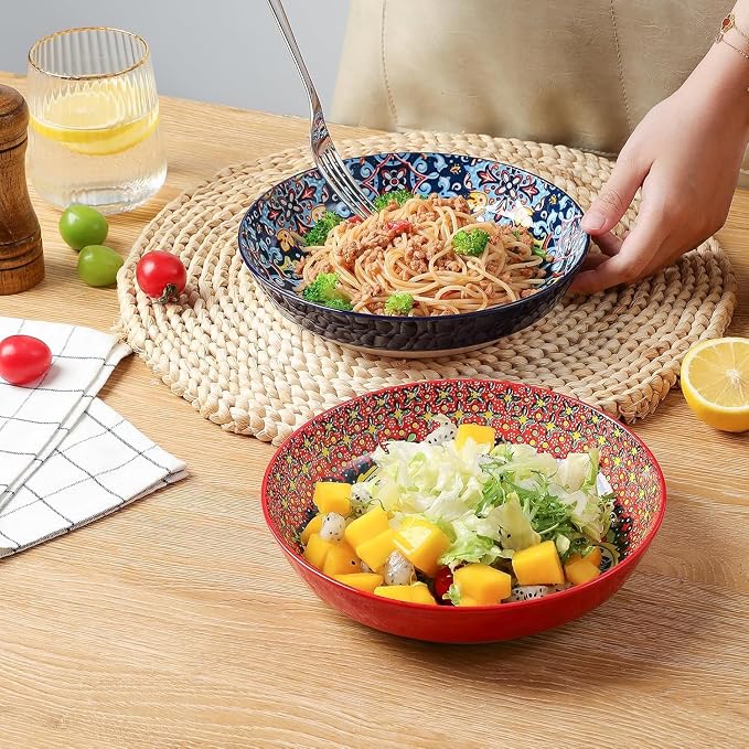 KitchenTour Pasta Bowls Set of 6-30 oz Large Wide & Shallow Serving Bowl, Colorful Ceramic Salad Bowls for Everyday Dining - 8.2 Inch, Microwave and Dishwasher Safe, Bohemian Style