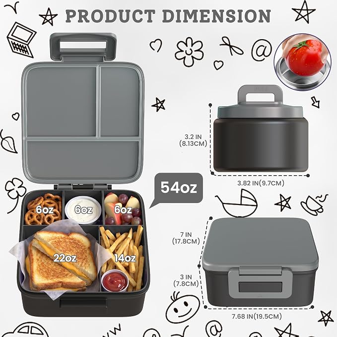 MAISON HUIS Bento Lunch Box with 8oz Soup Thermo, 5-Compartment Leak-Proof Container, Thermo Hot Food Jar and Insulated Lunch Bag, BPA Free,Travel, School (Gray)