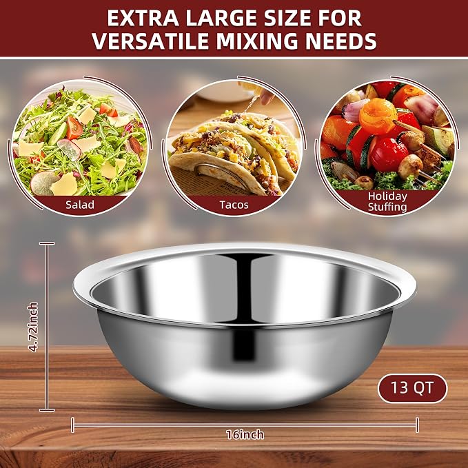 6 Pcs Stainless Steel Mixing Bowls Metal Mixing Bowls Extra Large Basin Salad Bowl with Deeper Edge, Dishwasher Safe, Mirror Finish for Home and Commercial, Silver (16 Inch 13 Qt)