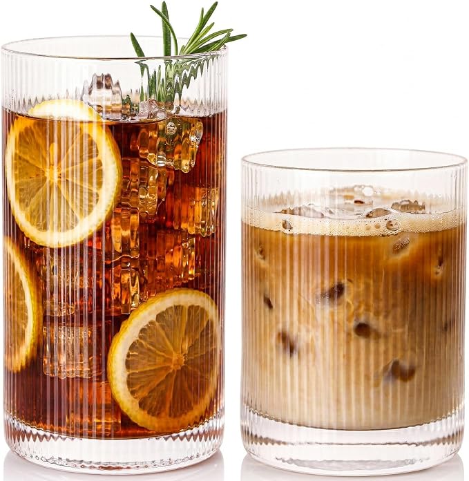 JOVGANK Drinking Glasses Set of 8 – Lead-Free Crystal Glassware, 4 Tall 15oz & 4 Short 10oz Vintage Ribbed Tumbler Glasses, Dishwasher Safe, for Juice Beer Cocktails, Great Housewarming Gift, Set A