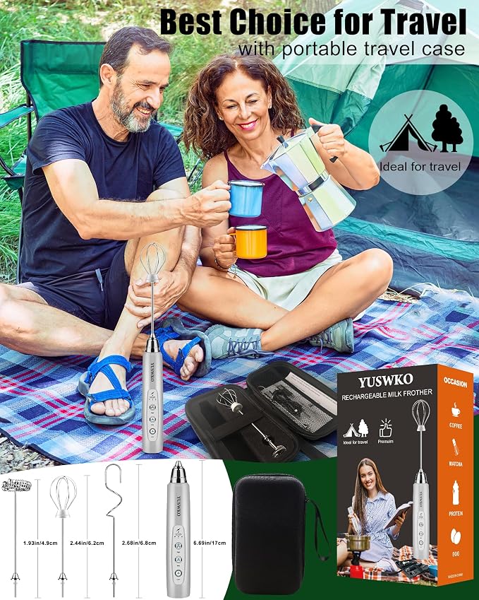 YUSWKO Handheld Milk Frother Wand for Coffee, Rechargeable Electric Whisk with 3 Heads 3 Speeds Drink Mixer Coffee Frother For Latte, Cappuccino, Hot Chocolate, Egg, Silver with Bag