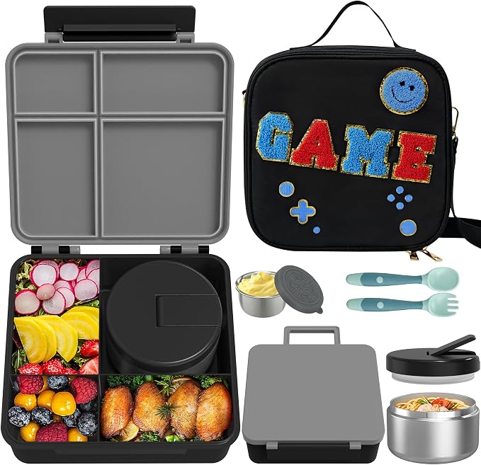 Aimsnk Kids Lunch Box with Thermo Insulated Lunch Bag for School, Black | Kids Bento Lunch Box with 8oz Food Jar, Leak Proof Hot Soup Lunch Containers with 4 Compartment, Warm Lunchbox for Toddler