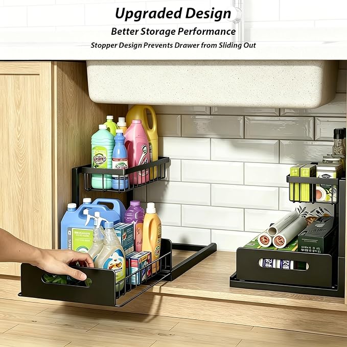 Upgraded Under Sink Organizer, 2 Tier Pull Out Kitchen Cabinet Organizer Metal Slide Out Bathroom Organizers and Storage Makeup Drawer Organizer for Office Bedroom Restroom Livingroom, 1 Pack