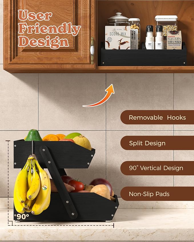 2-Tier Bamboo Fruit Basket with 2 Banana Holders Black | Large tiered organizer for bread, snacks, veggies. Sturdy bamboo, includes mats & dividers. Easy to assemble.
