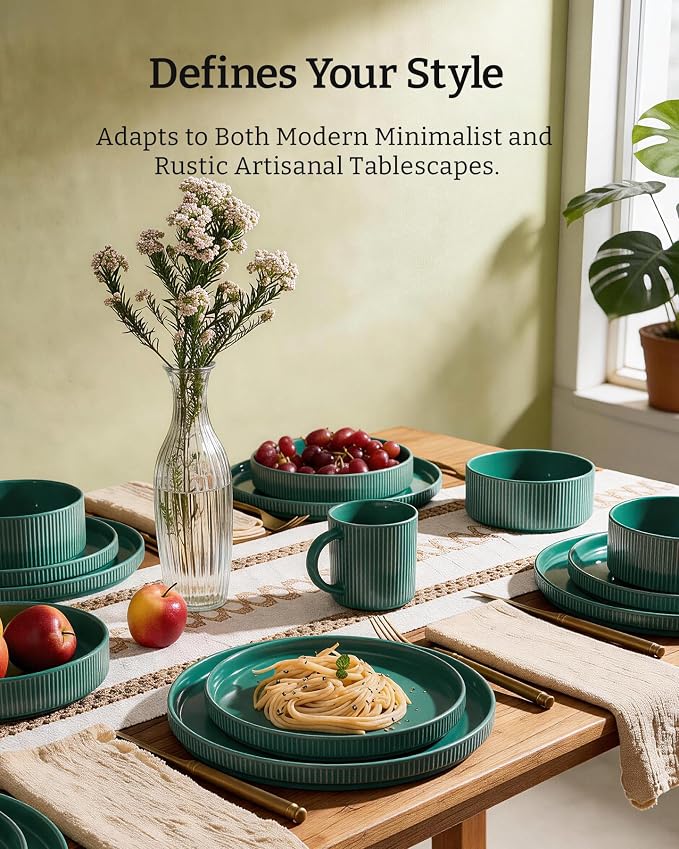 Famiware Stoneware Dinnerware Sets for 8, 24pc Rimmed Plates, Bowls, Dishes | Chip & Scratch Resistant Ceramic, Microwave & Dishwasher Safe, Everyday & Formal Use, Modern Rustic, Lipped Edges, Sage Green