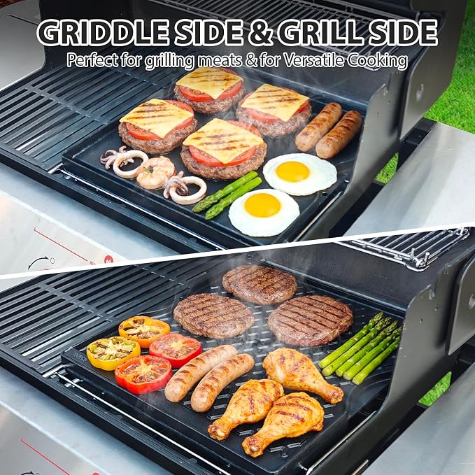 Utheer Reversible Cast Iron Griddle, Ceramic Nonstick Grill Pan for BBQ | 15.18 lb cast iron body with grease trap and raised edges, PFOA-free ceramic coating simplifies cleanup.