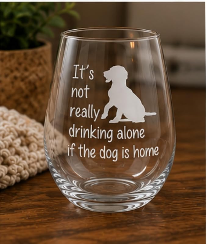 C M Stemless Wine Glass, The Dog Is Home, Funny Dog Lover Gift, Style D1 | 17 oz, Funny, For Him, Her, Dog Moms, Wife, Husband, Friend. Pet Owners, Cute Dog Gift for Men Women