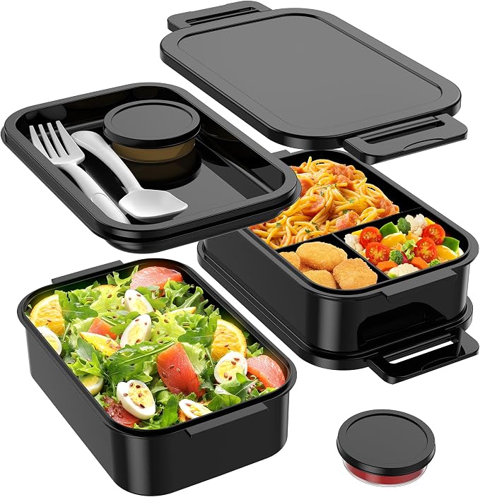 Adult Bento Box Lunch Box - Large Style Stackable Bento Lunch Box for Adults, 72oz All-in-One 3 Layers Bento Boxes Leak-Proof Lunchbox with Utensil Sauce Containers for Dining Out,Work, Black