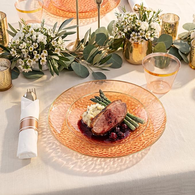 Rubtlamp 700Pcs Orange Gold Plastic Dinnerware Set, Hammered Clear Gold Plates, Fancy Plastic Plates Include 100 Dinner Platos, 100 Salad Platos, 100 Cups, 100 Pack Pre Rolled gold plastic Silverware