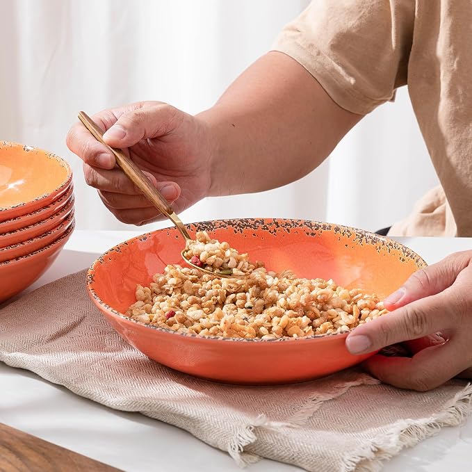 Farmhouse Melamine Pasta Bowls set, 42 OZ Large Fruit Bowl, Lightweight and Unbreakable Salad Serving Bowl, Set of 6, 9.25 inch Wide and Shallow Dinner Bowls, Dishwasher Safe,Orange…