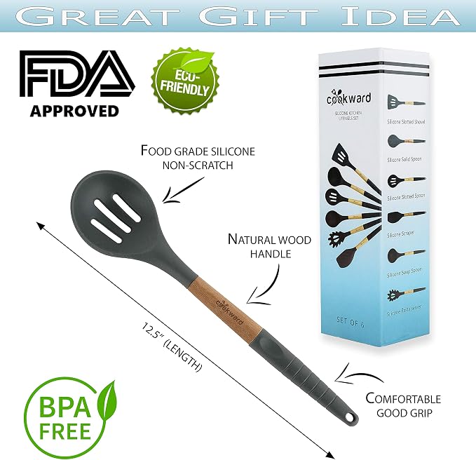 Silicone Cooking Utensils Set 6 Piece – Heat Resistant up to 480°F, BPA Free & Non-Scratch Kitchen Tools with Natural Wood Handles, Dark Gray