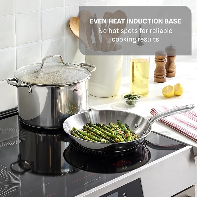 T-Fal Gourmet Stainless Steel Fry Pan 8.5 Inch Induction Compatible Skillet Pan, Fast and Even Heating, Oven Safe to 500F, Professional Grade Cookware for Home Chefs