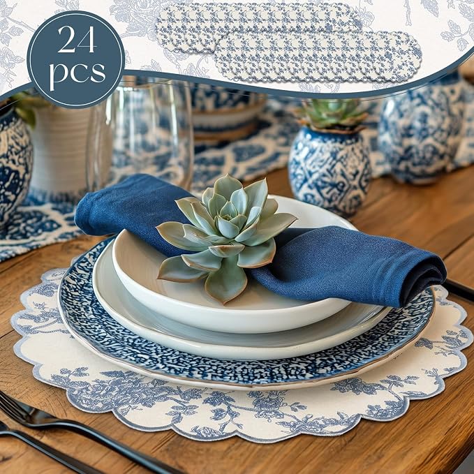 Set of 24 Blue Cotton Placemats 15" Round Scalloped Navy Blue | Double Layered Cotton Fabric, Washable Embroidery, Navy Blue Edge Edge, Rustic Table Mats for Wedding Dining Table Decor