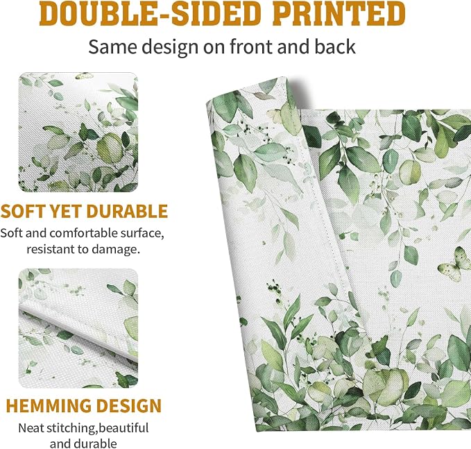 Sage Green Leaf Placemats Set of 4 Eucalyptus Leaves Place Mats 12×18 Inch Spring Summer Rustic Vintage Farmhouse Washable Linen Fabric Table Mats for Party Kitchen Dining Outdoor Indoor Decor