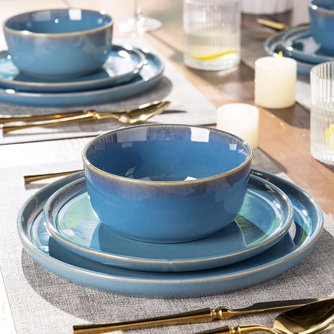 GBHOME Dinnerware Sets for 4, 12 Pieces Ceramic Plates and Bowls Set | Scratch Resistant Stoneware Dishes Set, Dishwasher & Microwave Safe, Reactive Glaze-Alaskan Blue