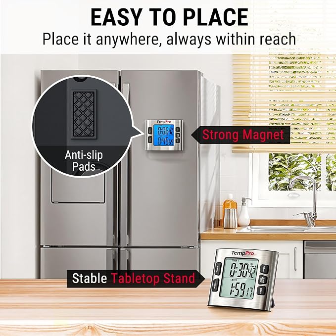 TempPro TM02 24H Kitchen Timer with Dual Digital Timers & Clock Mode | Magnetic Timer with Adjustable Alarm Volume, Kitchen Timers for Cooking with LCD Backlit, Classroom Timer for Kids, 2 Pack