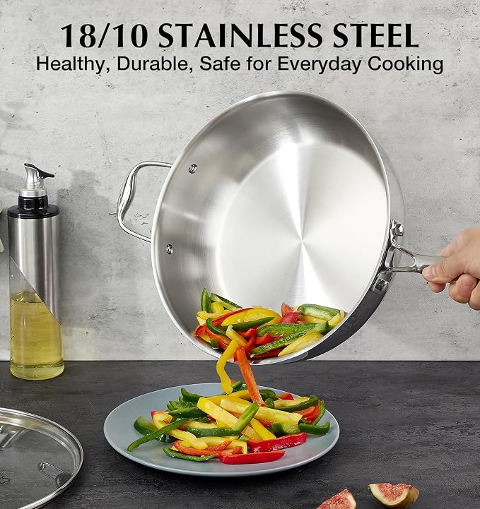 KOCH SYSTEME CS Triply Stainless Steel Saute Pan 12 Inch, 6 Quart Deep Frying Pan with Lid, 18/10 Stainless Steel Pan with Stay Cool Handle, 6QT Large Skillet, Induction Cooking Pan, Oven Safe 600°F