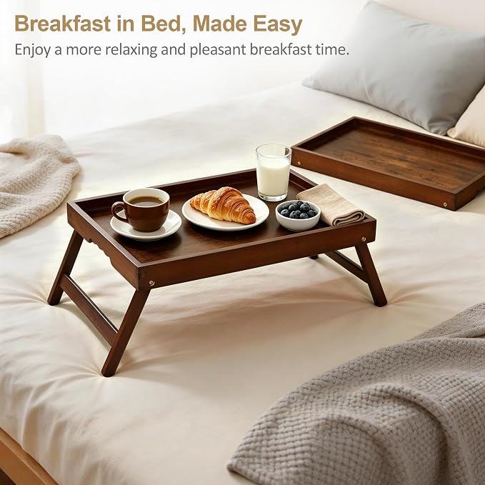 Bamboo Breakfast Trays with Folding Legs, Medium, 2-Pack, Vintage | Set of 2 bamboo bed trays with folding legs and wave handles for meals, laptops and serving in bed or on sofa.