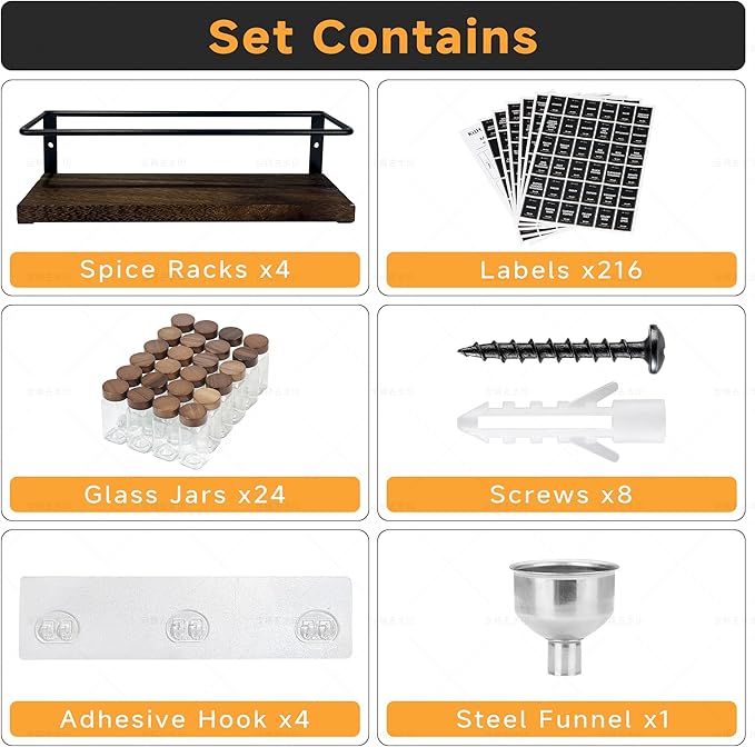 4-Tier Wall Mount Spice Rack Organizer with 24 Glass Jars, 216 Labels & Funnel - Screw/Adhesive Mount, Black Metal & Wood Spice Storage for Kitchen Pantry Cabinet, 11.6”L x 2.4”W x 3.2”H
