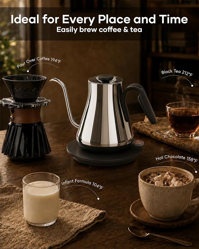 Cocinare Gooseneck Electric Kettle 0.8L, Fast Boil Pour Over Coffee, Tea | 1440W Fast Boil, 304 Stainless Steel Interior, Gooseneck Precision Spout, Auto Shut-Off & Boil-Dry Protection, Moholy Silver