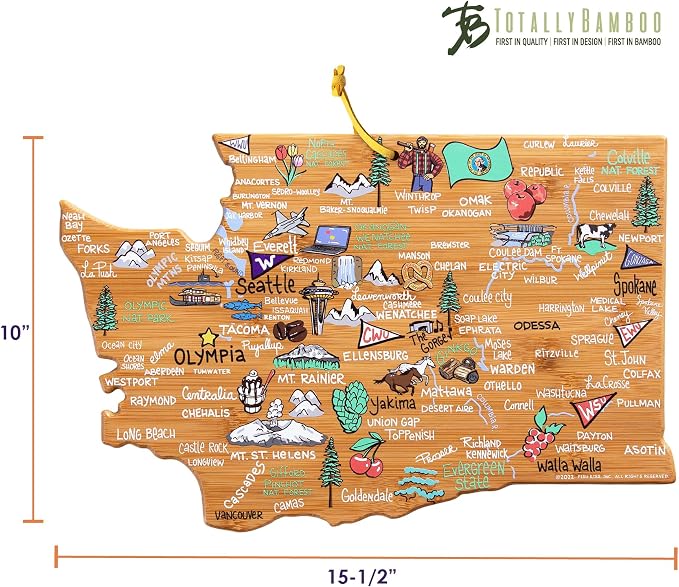 Totally Bamboo Washington State Shaped Cutting Board, Art by Fish Kiss | State charcuterie board with colorful hand-drawn map artwork. Smooth reverse side for food prep. Hang tie for wall display.