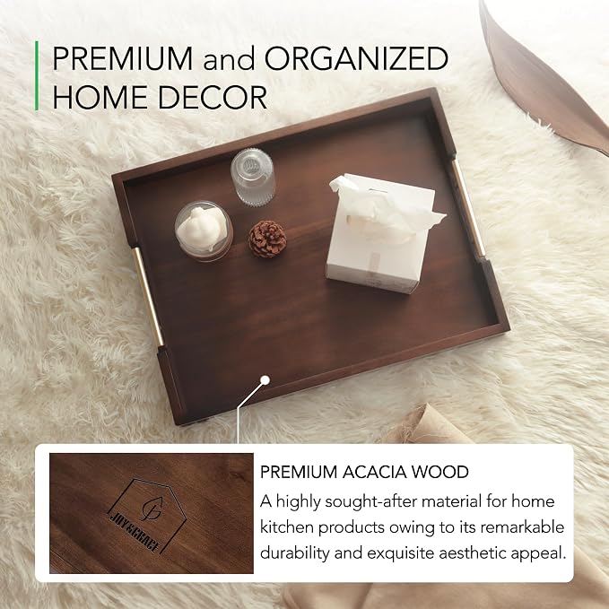 Joy&Grace Acacia Wood Ottoman Tray with Handles 16.7" x 12.8" | Large Acacia Wooden Serving Tray for Coffee Table Living Room, Breakfast in Bed, Food Dinner, Kitchen, Couch (Color Natural)