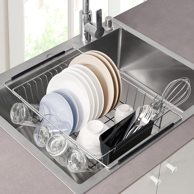 Dish Drying Rack Over The Sink Expandable to 24.5" Dish Drainer — Space-Saving Rectangular Kitchen Extending Drying Station with Utensil Holder, Fits Most Sinks for Easy Dish Organization, Black