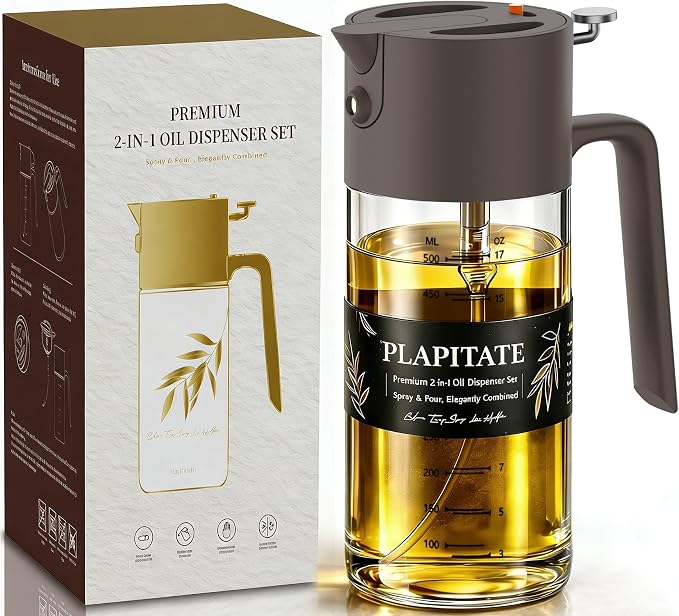PLAPITATE 17oz/500ml Premium Olive Oil Sprayer for Cooking, 2 in 1 Glass Olive Oil Dispenser Bottle for Kitchen Gadgets, Spray Bottle with Portion Control for Salad, Frying, BBQ (Gray)