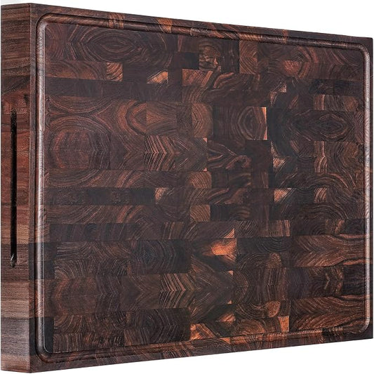 Extra Large Walnut Wood End Grain Cutting Board 24x18x2" Cut Block | Wooden Cutting Boards for Kitchen with Deep Juice Groove Thick End Grain Wooden Butcher Block Built-in Handle, Non-Slip Mat