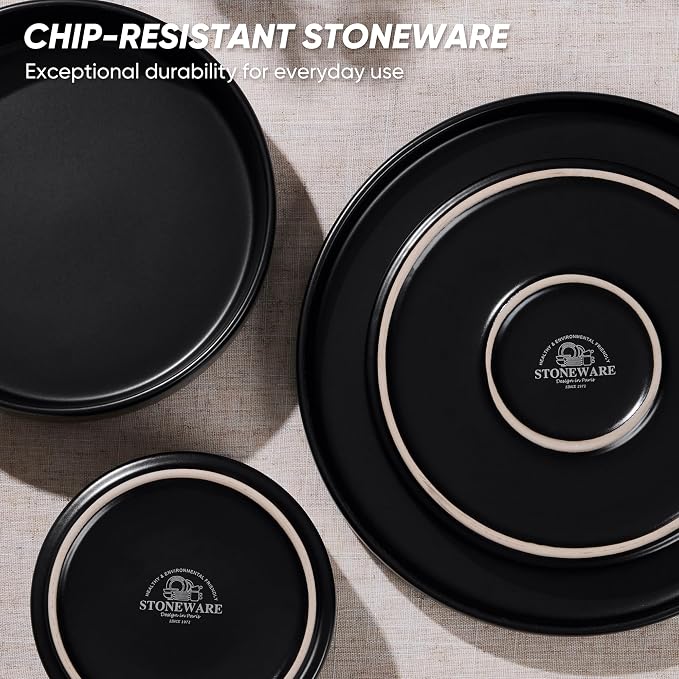 E-far Black Dinnerware Sets with Pasta Bowls, 24-Piece, Matte Black | Stoneware Plates and Bowls Sets for 6, Chip and Scratch Resistant, Microwave & Dishwasher Safe Kitchen Modern Dish Set
