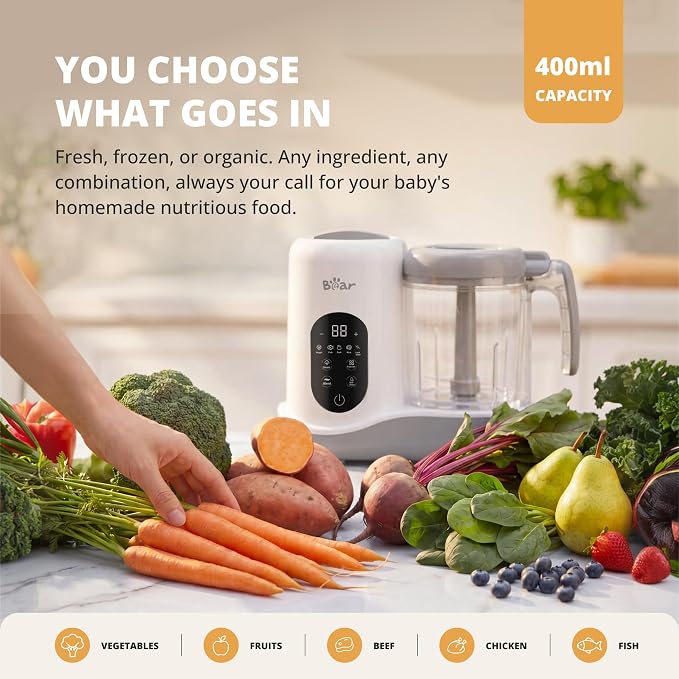 BEAR 2024 Baby Food Maker, One-Step & Easy to Use, Smart Touchscreen, White | All-in-One Homemade Baby Food Maker for Healthy Feeding, LED Display Panel, Auto-Cooking and Self-Cleaning Function