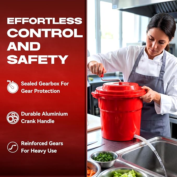 5 Gallon Chef Master Commercial Salad Spinner Dryer – Hand Powered Manual Lettuce Spinner and Fruit Washer Bowl w/ Strainer - Sealed Gearbox, Built In Brake System - Durable Spinner Mechanism - 90005