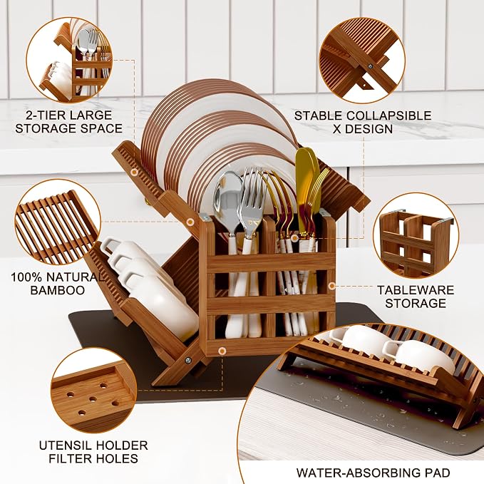 Greenual Teak Dish Drying Rack with Utensil Holder, 2 Tier Collapsible Dish Rack, Wooden Dish Racks for Kitchen Counter, Folding Drying Holder with Absorbent Dish Drying Mat