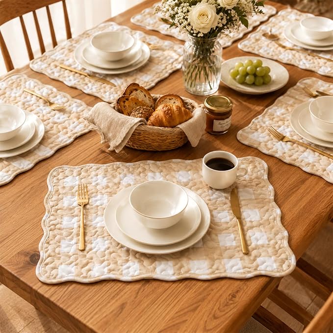 Quilted Placemats Set of 6, 18" x 13" Large Scalloped Cotton Placemat Washable Cloth Flowers Table Mats for Summer Party Kitchen Dining Farmhouse Cottagecore Decor(Gingham Milkshake Tan)