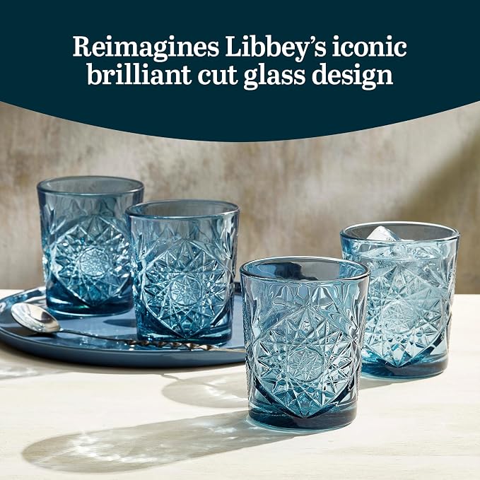 Libbey Hobstar Double Old Fashioned Glasses, Blue Colored Cut Glass Drinking Glasses Set of 4, Durable, Vintage Whiskey Glasses for Cocktail, Drinks