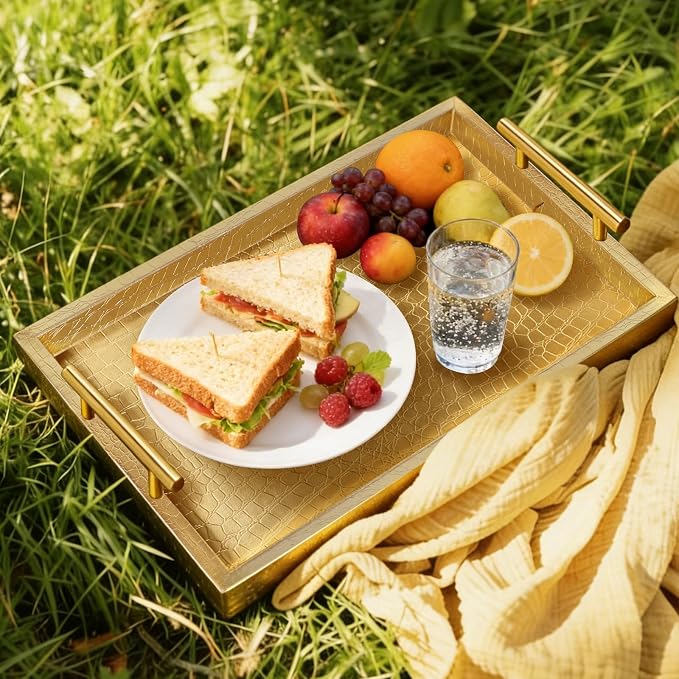 SXNOWS Faux Leather Serving Tray with Gold Handles, Glossy Gold | 17x12 in Rectangle Decorative Tray, Perfect for Ottoman Coffee Table Kitchen Bar, Stylish Gift for Home Decor
