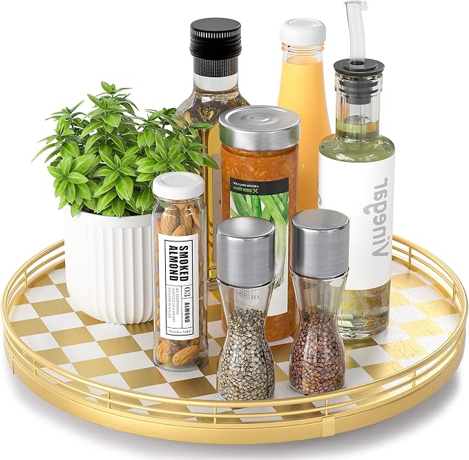 AMH 13-Inch Gold and White Checkerboard Lazy Susan with Rubberwood Base | Smooth rotating oak tray with walnut finish for dining tables, kitchen counters, pantries and cabinet storage.