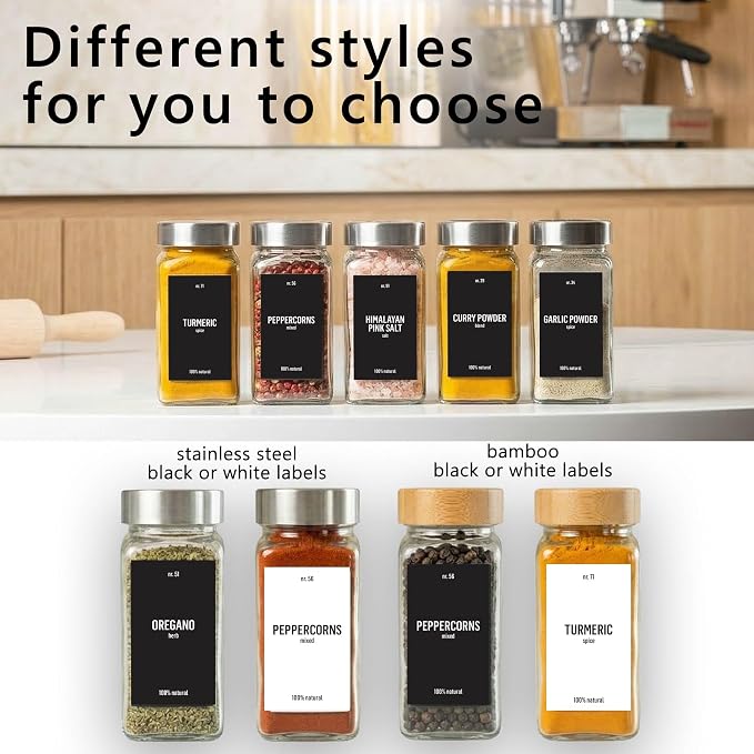Deco haus Glass Spice Jars with Stainless Steel Lids 36 x 4oz [LABELS incl] Spice Containers with 280 Labels, Funnel & Chalk Marker - Empty Herb Seasoning Containers, Small Seasoning Bottles for Herb